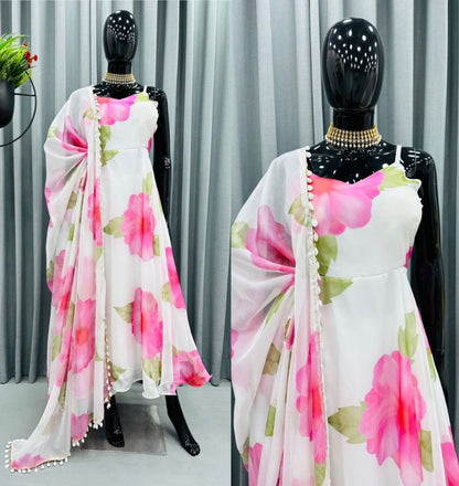 White georgette floral printed gown