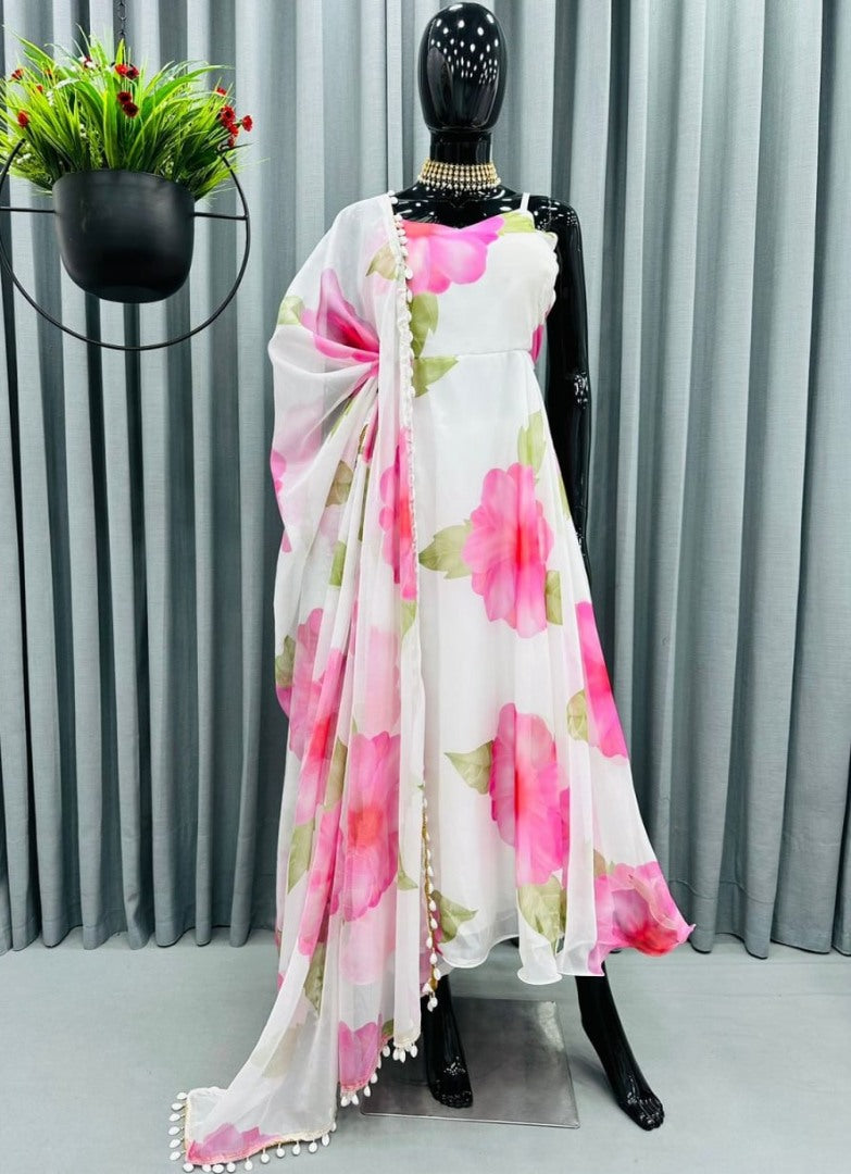 White georgette floral printed gown