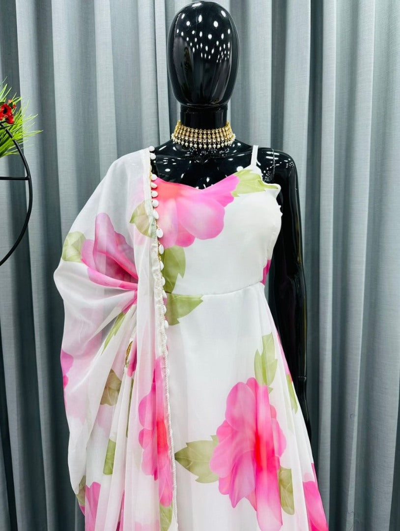 White georgette floral printed gown