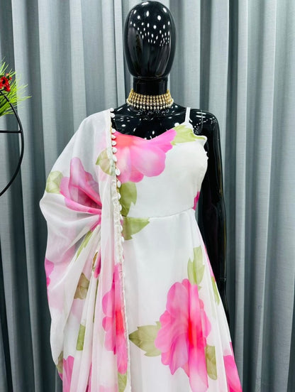 White georgette floral printed gown