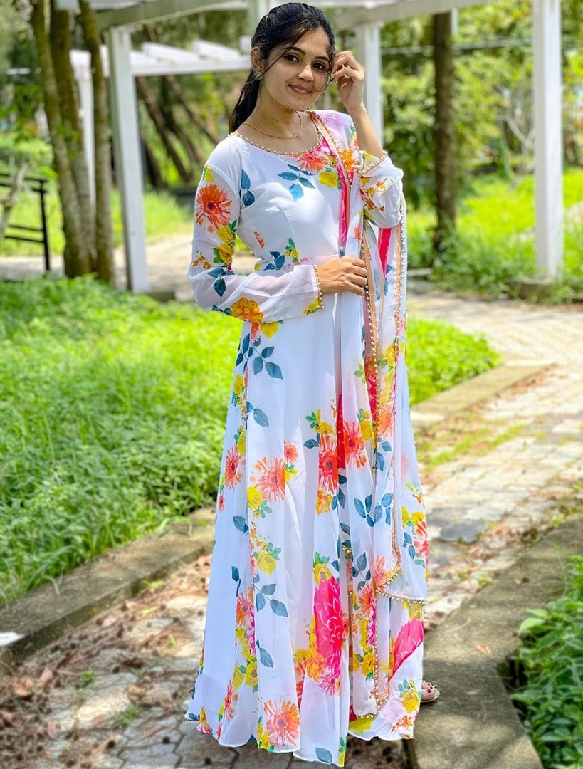 White georgette floral printed gown
