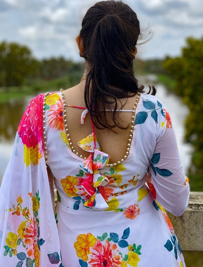 White georgette floral printed gown