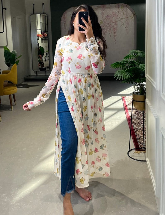 White georgette floral printed kurti