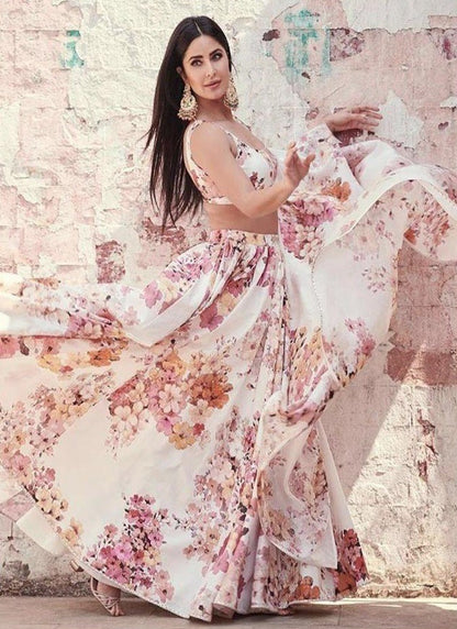 White georgette floral printed lehenga choli