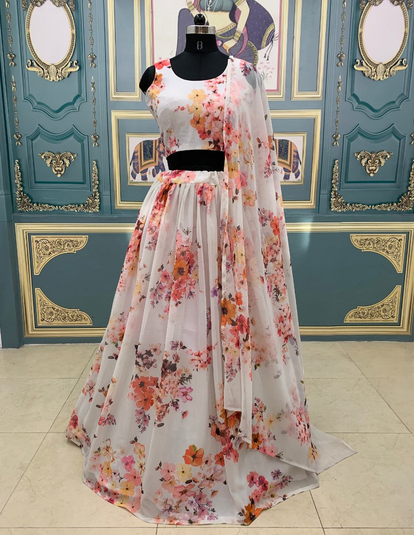 White georgette floral printed lehenga choli
