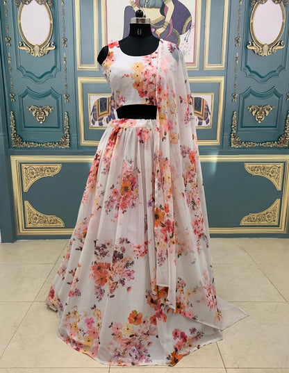 White georgette floral printed lehenga choli