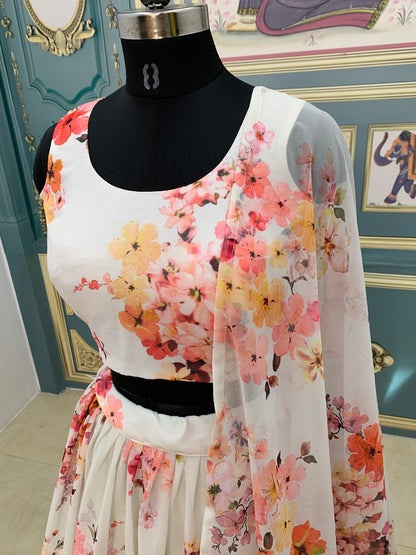 White georgette floral printed lehenga choli