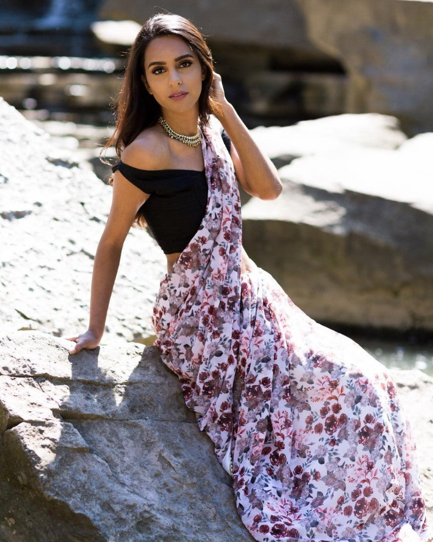 White georgette floral printed moti lace saree