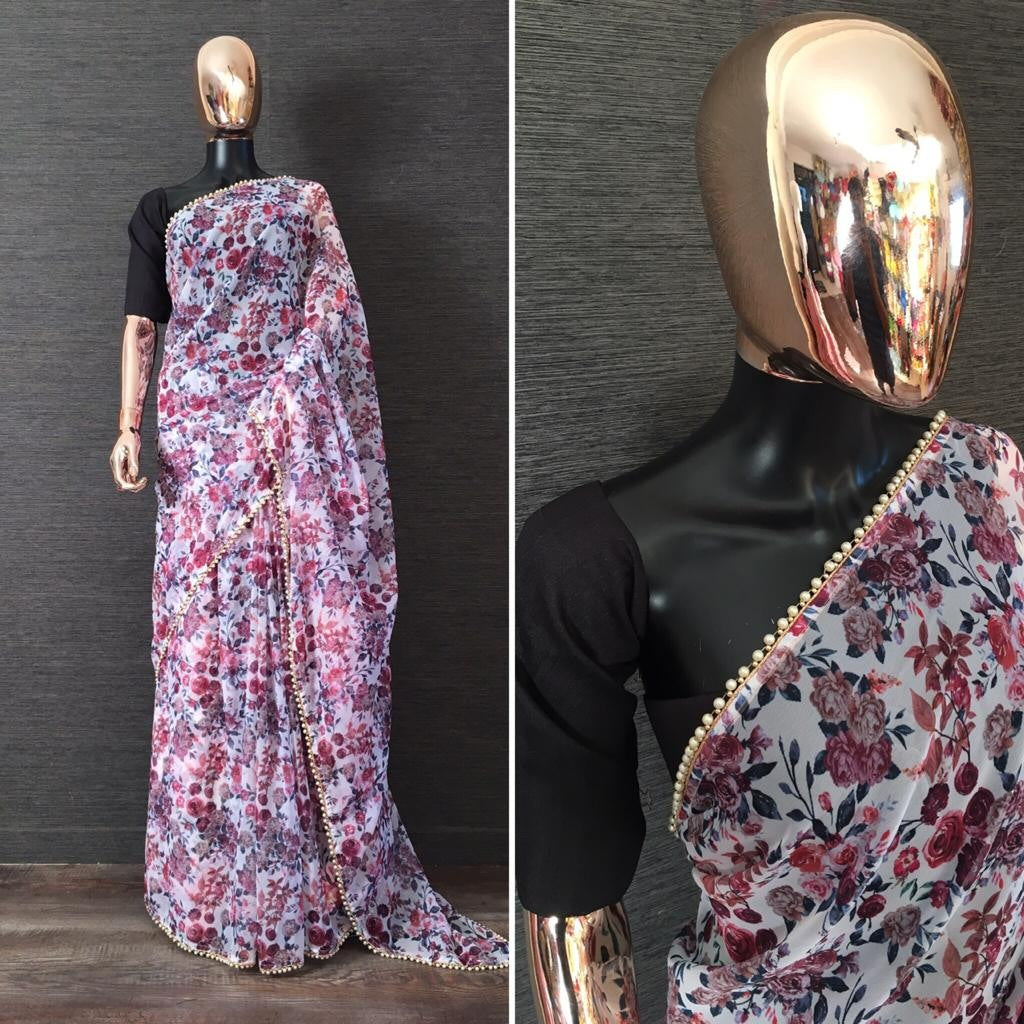 White georgette floral printed moti lace saree