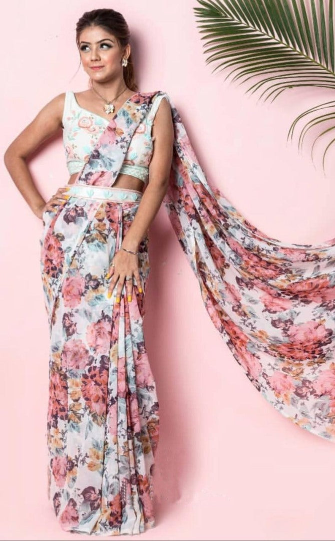 White georgette floral printed saree with printed blouse