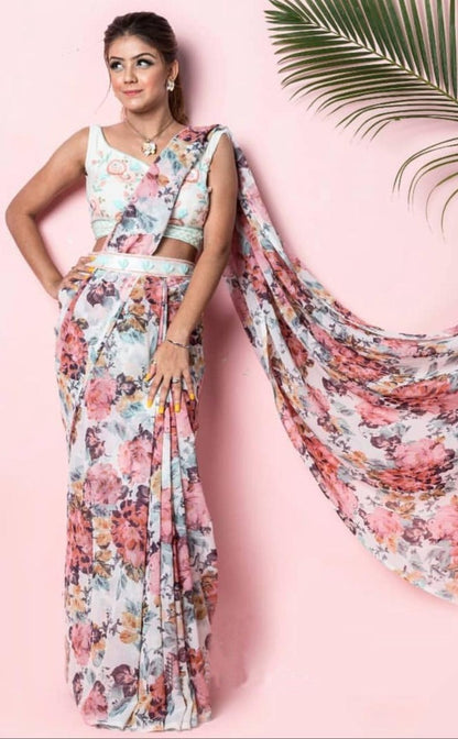 White georgette floral printed saree with printed blouse