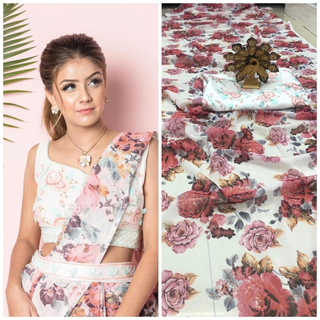 White georgette floral printed saree with printed blouse