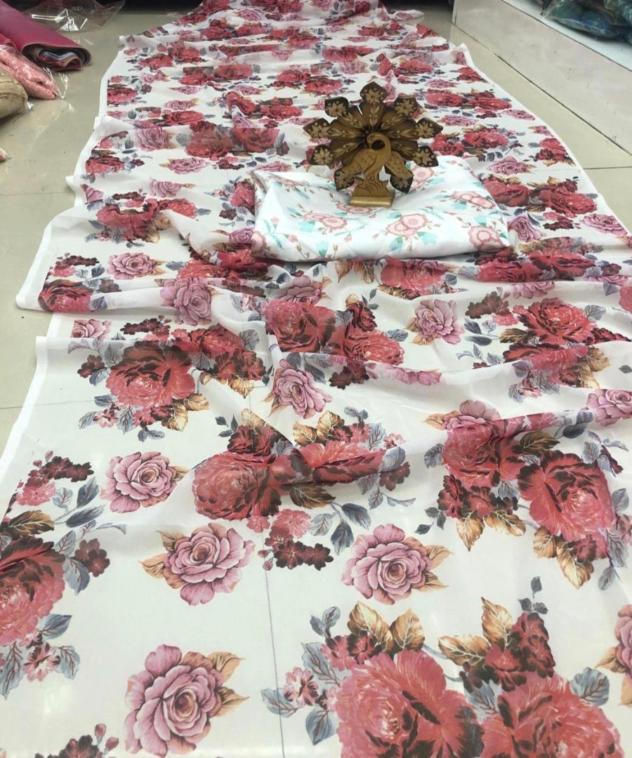 White georgette floral printed saree with printed blouse