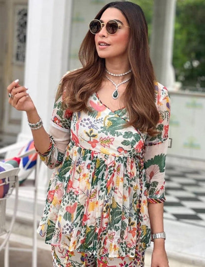 White georgette floral printed sharara suit