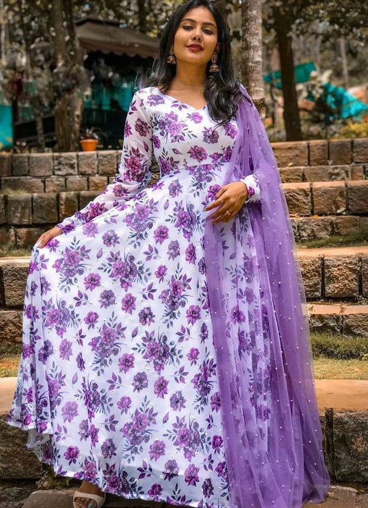 White georgette floral printed umbrella flair anarkali suit