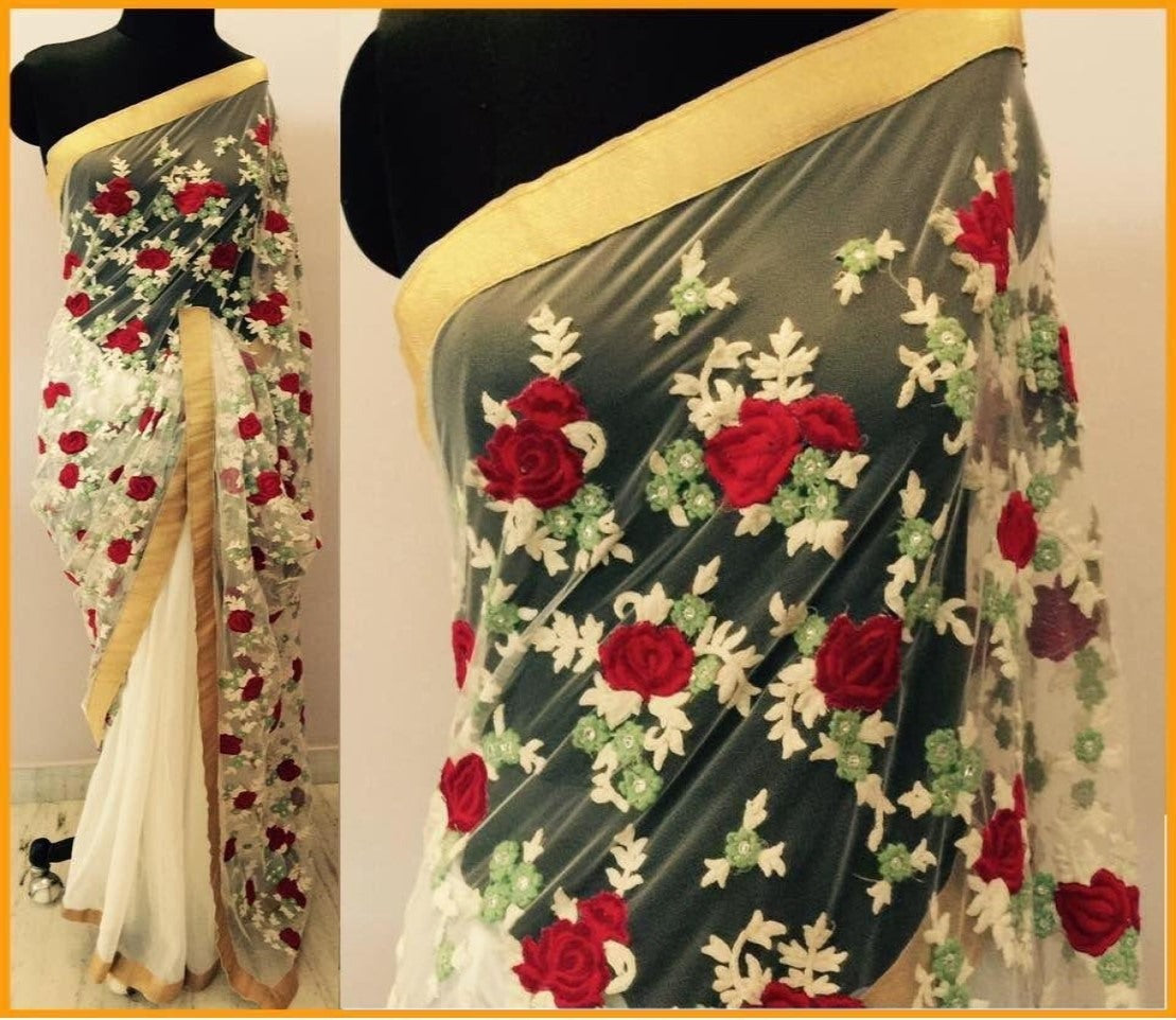 White georgette flower embroidered designer saree