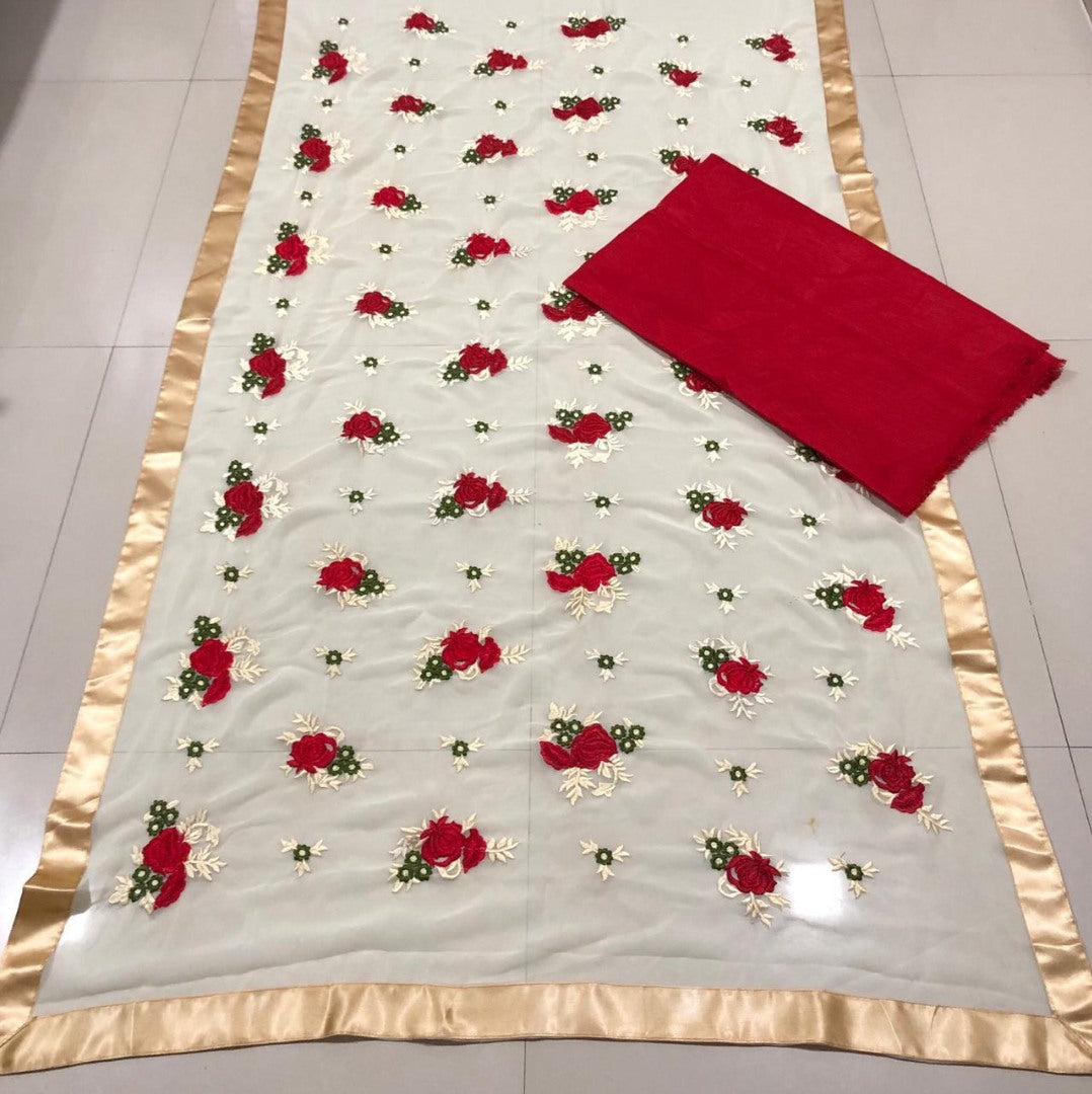 White georgette flower embroidered designer saree