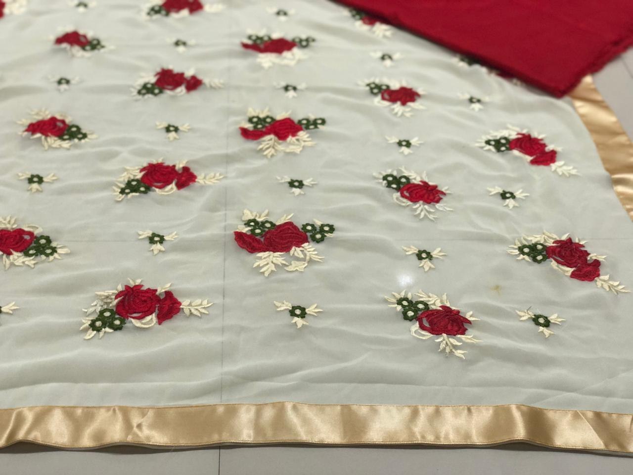 White georgette flower embroidered designer saree