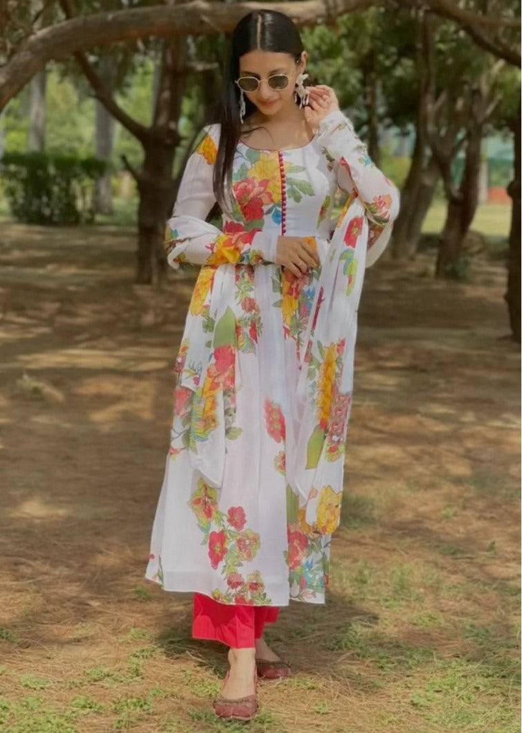 White georgette flower printed anarkali suit
