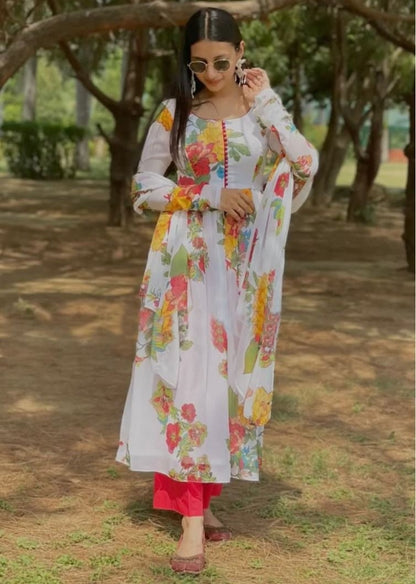 White georgette flower printed anarkali suit