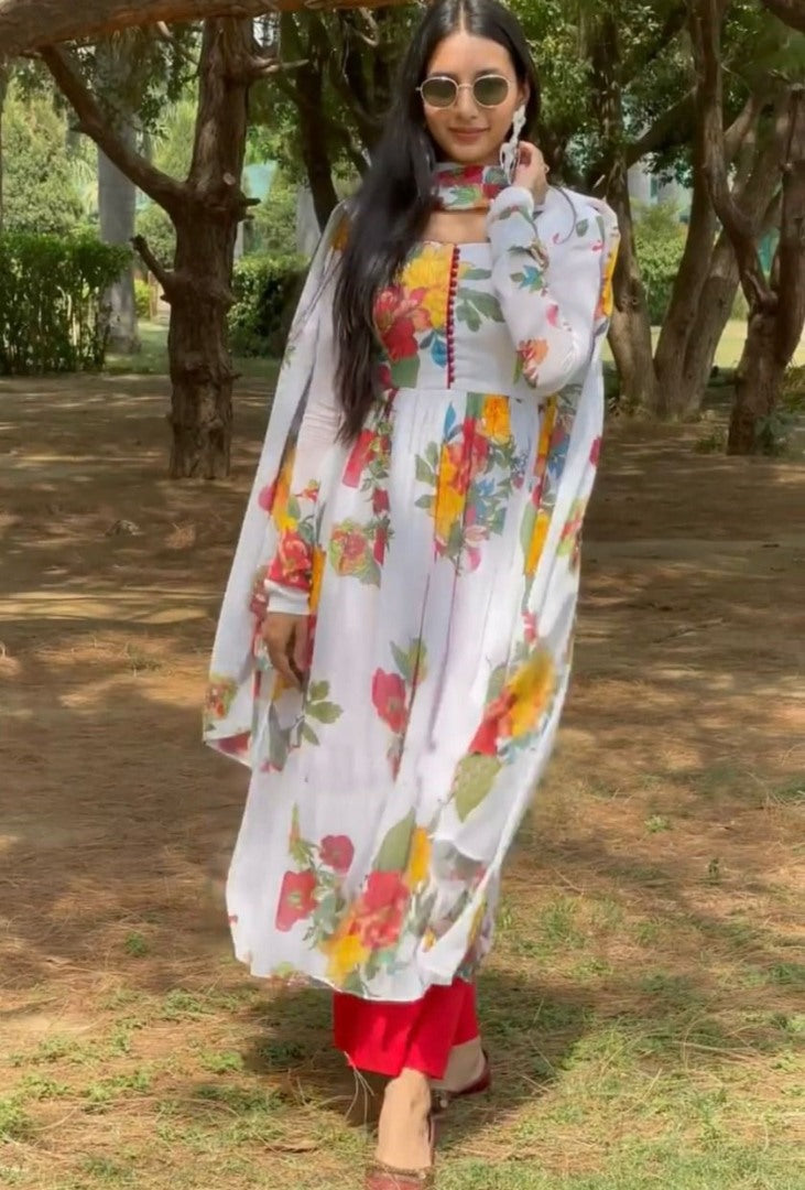 White georgette flower printed anarkali suit