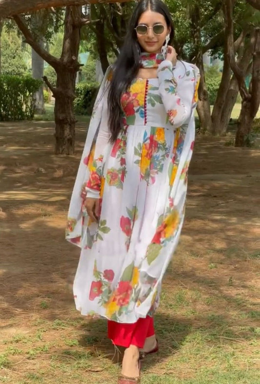 White georgette flower printed anarkali suit