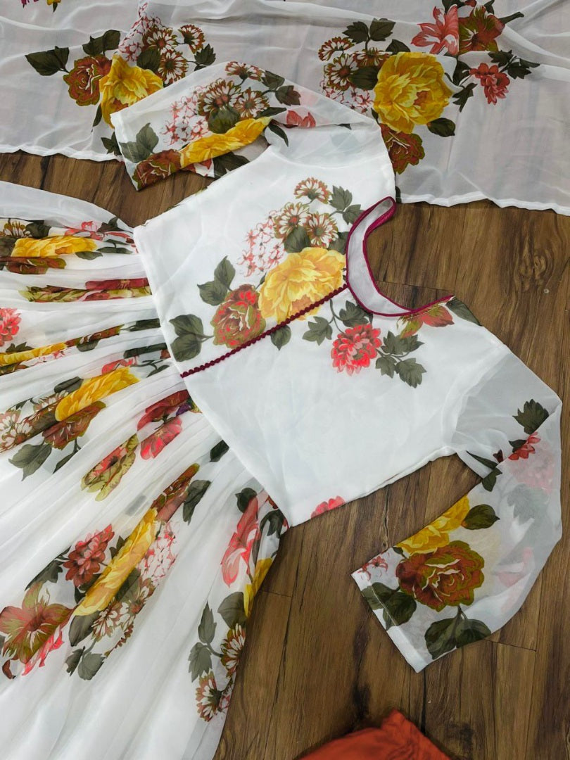 White georgette flower printed anarkali suit
