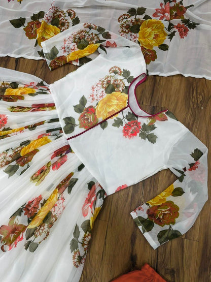 White georgette flower printed anarkali suit