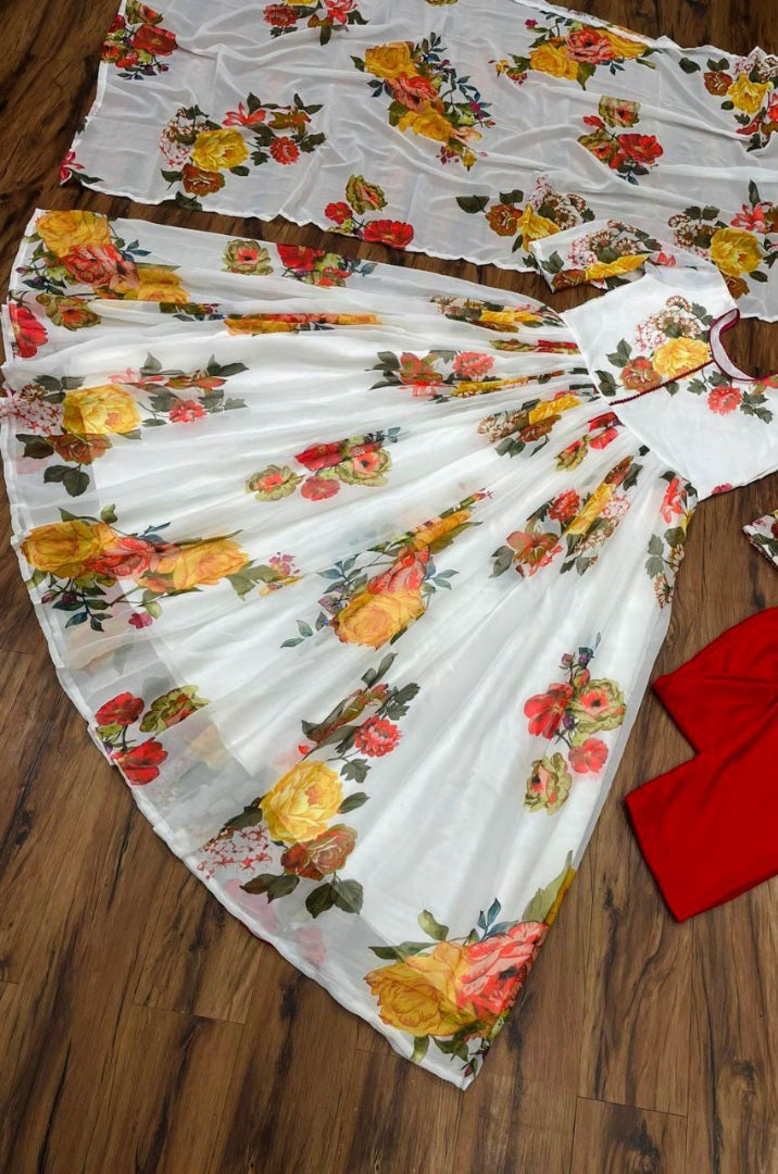 White georgette flower printed anarkali suit