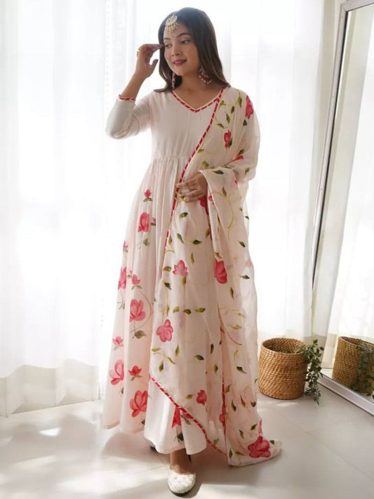 White georgette flower printed anarkali suit