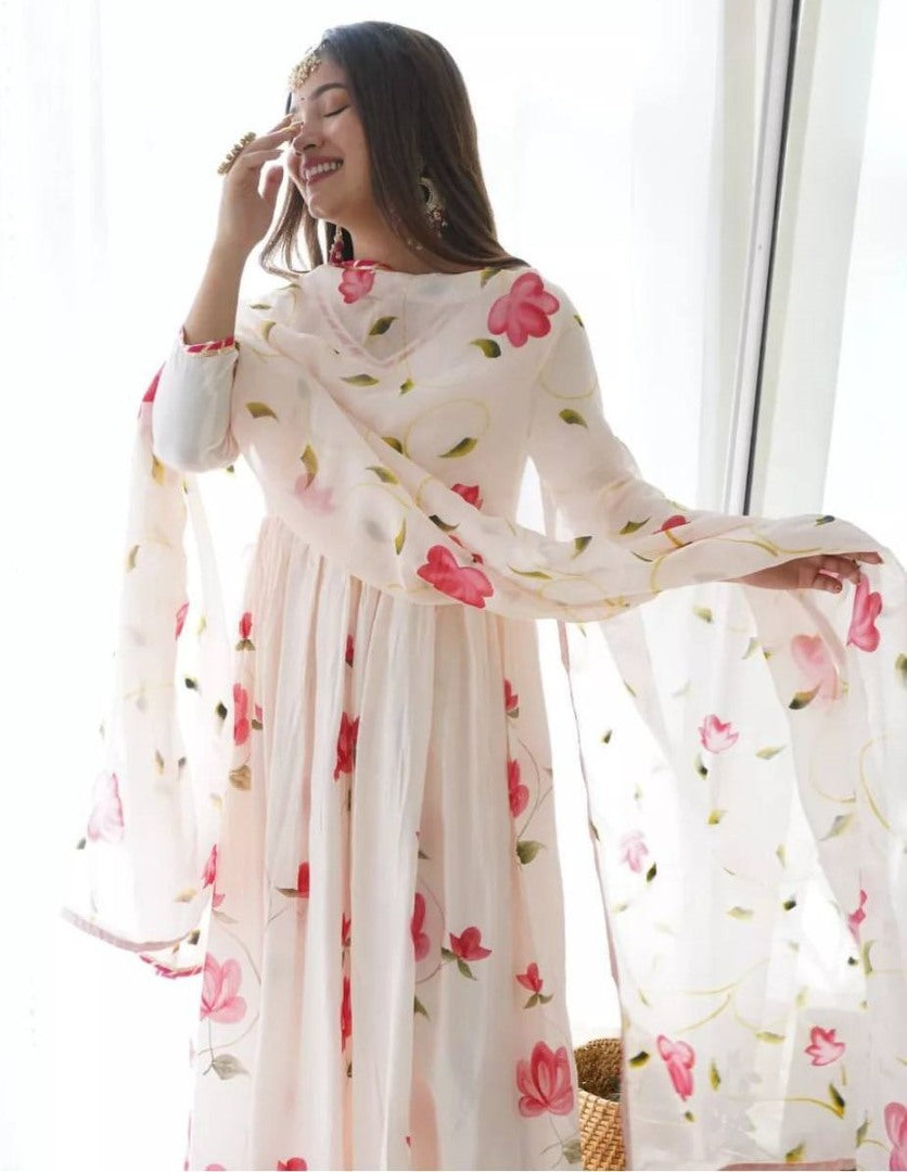 White georgette flower printed anarkali suit