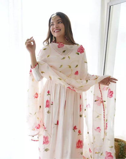 White georgette flower printed anarkali suit