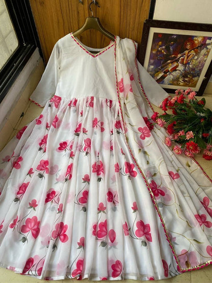 White georgette flower printed anarkali suit