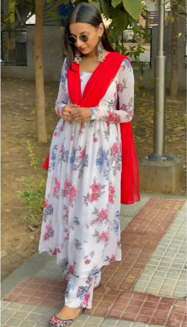 White georgette flower printed casual anarkali suit