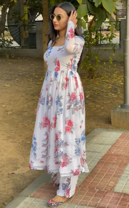 White georgette flower printed casual anarkali suit