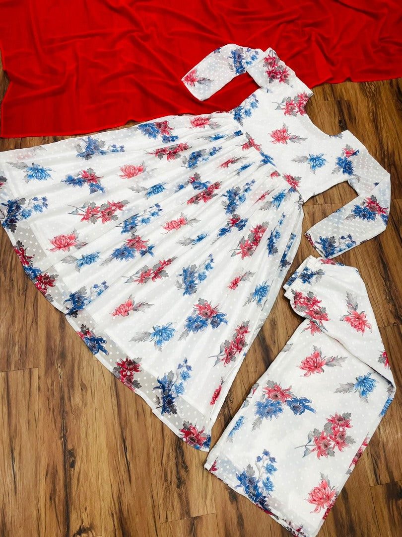 White georgette flower printed casual anarkali suit