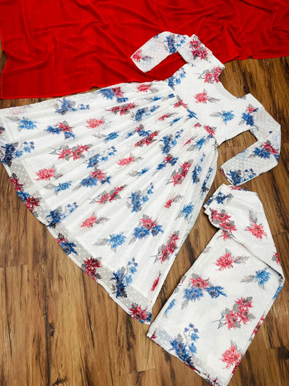 White georgette flower printed casual anarkali suit