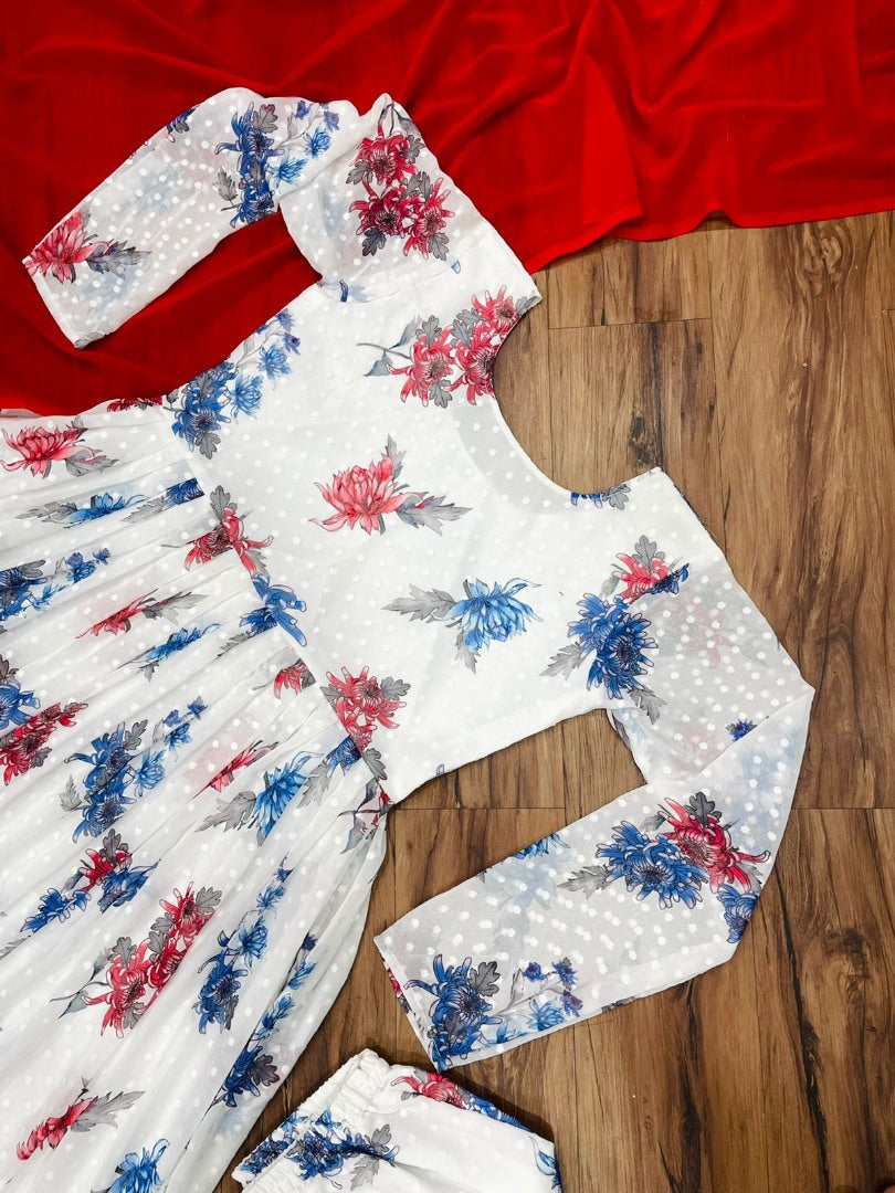 White georgette flower printed casual anarkali suit