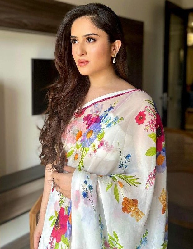 White georgette flower printed casual saree