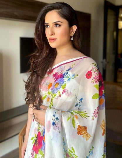 White georgette flower printed casual saree