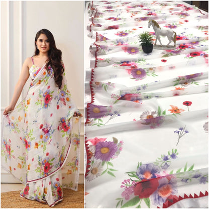 White georgette flower printed casual saree