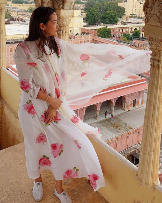 white georgette flower printed kurti