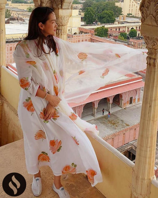 white georgette flower printed kurti