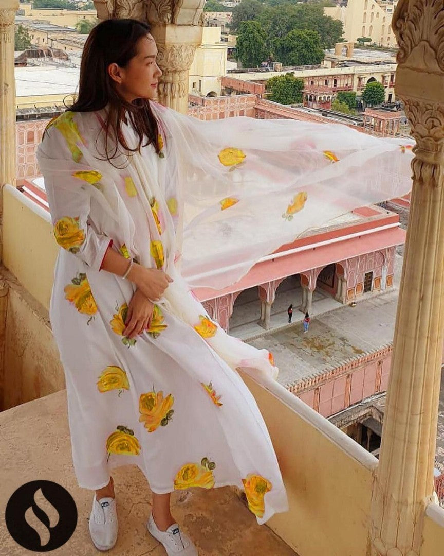 white georgette flower printed kurti