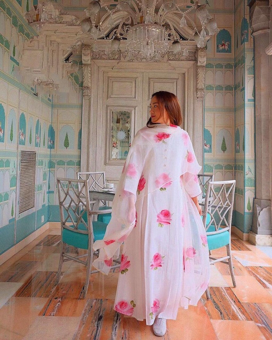 white georgette flower printed kurti