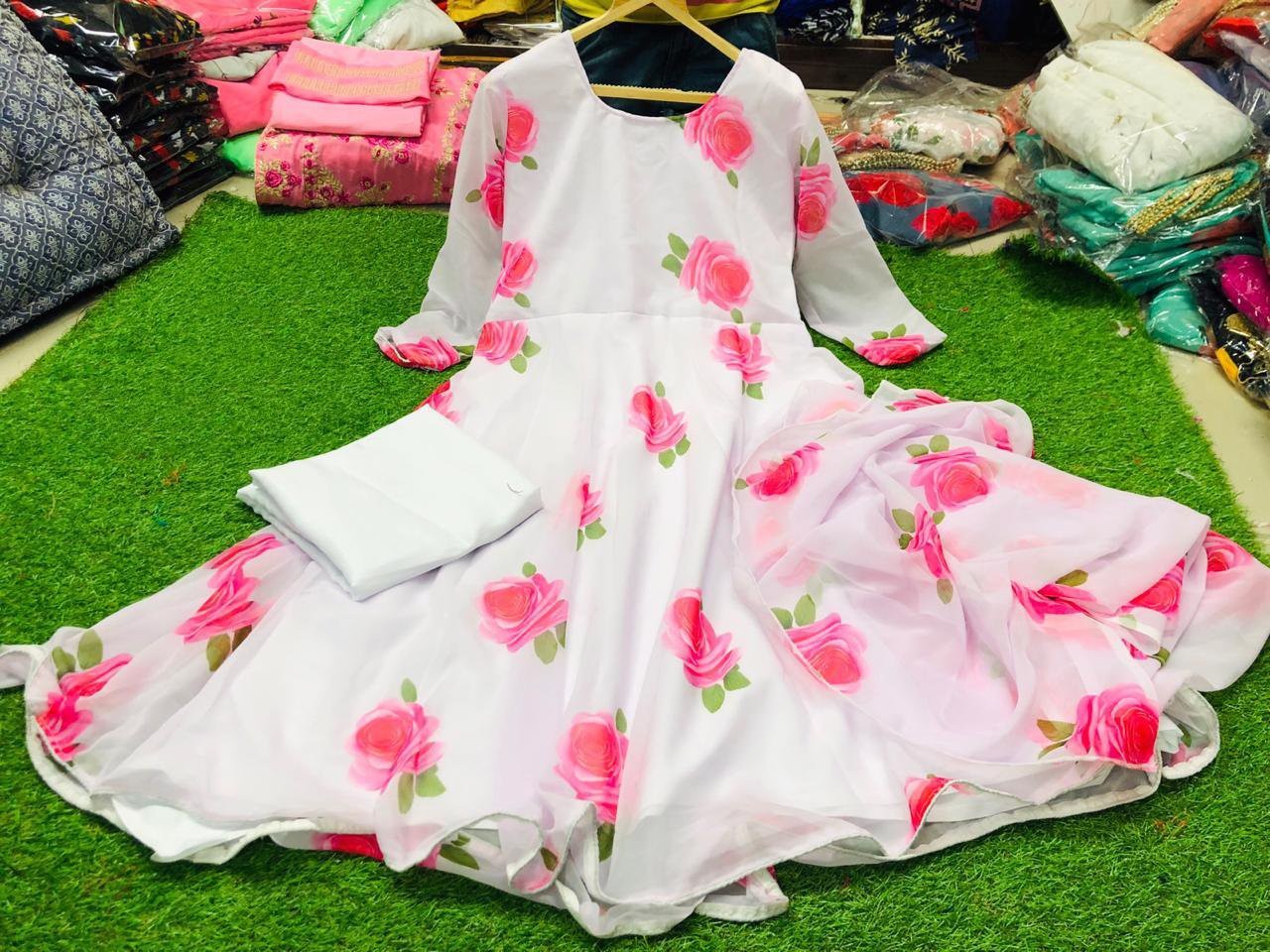 white georgette flower printed kurti