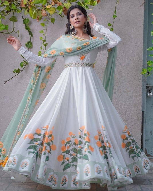 White georgette flower printed long anarkali suit