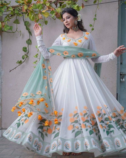White georgette flower printed long anarkali suit