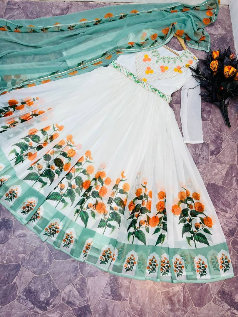 White georgette flower printed long anarkali suit