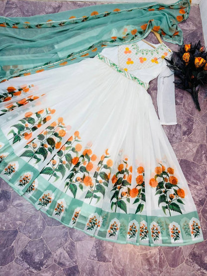 White georgette flower printed long anarkali suit